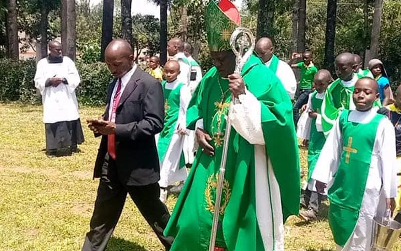 Bishop Joseph Obanyi Sagwe of the Catholic Diocese of Kakamega,  presiding over the official opening of the multipurpose hall at the Holy Family Lubao Parish. Credit: Courtesy Photo