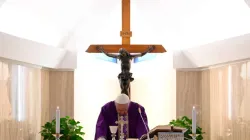 Pope Francis offers Mass in Casa Santa Marta on March 12, 2020. Credit: Vatican Media/CNA.