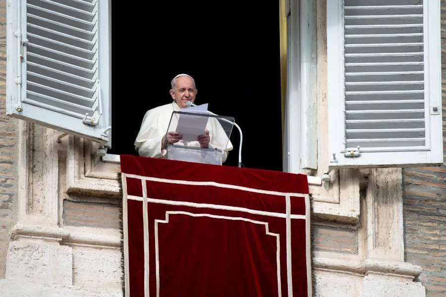 Pope Francis delivers an Angelus address overlooking St. Peter’s Square. Credit: Vatican Media.