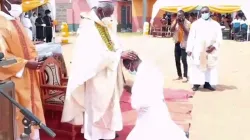 Bishop Emeritus Anthony Kwami Adanuty of Keta-Akatsi laying hands on one of the Deacons he ordained a Priests for the Diocese at the St. Francis of Assisi Parish at Anloga in the Volta Region of Ghana on Saturday, October 17, 2020. / Keta-Akatsi DEPSOCOM.