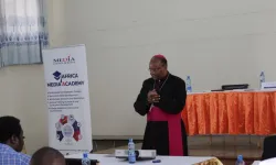 Archbishop Anthony Muheria addressing Communication Coordinators, Radio Directors, and Managers on the first day of the Annual General Meeting (AGM) and Climate change adaptation training at  JJ McCarthy Centre in Nairobi. Credit: ACI Africa