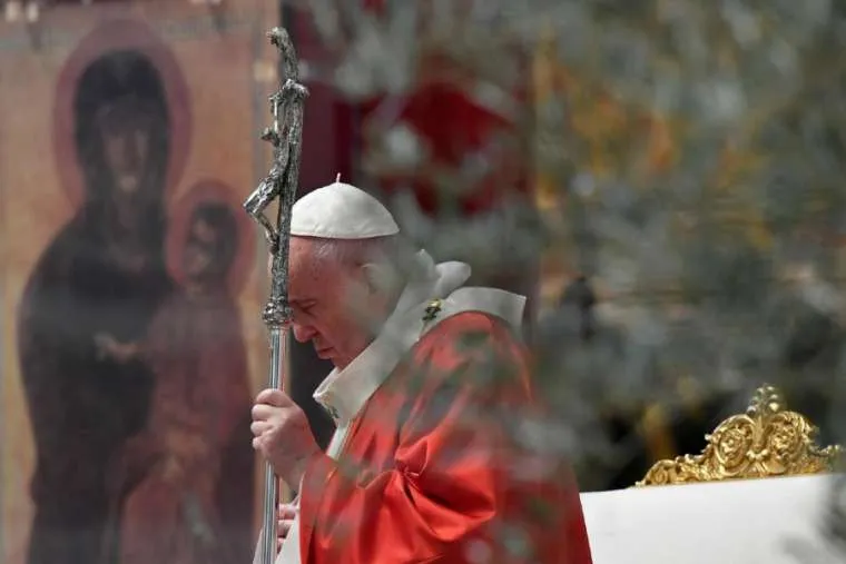 Pope Francis prays during Palm Sunday Mass April 5, 2020. / Vatican Media/CNA.