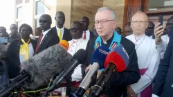 Pietro Cardinal Parolin addressing journalists after his arrival in Juba on 5 July 2022. Credit: ACI Africa