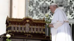 Pope Francis prayed before a relic of St. Therese of Lisieux at the beginning of his general audience in St. Peter's Square, and shortly before going to the hospital for an abdominal surgery, on June 7, 2023. | Daniel Ibanez/CNA