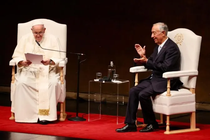 Pope Francis meets with Portugal President Marcelo Rebelo de Sousa at the Belém Cultural Center in Lisbon upon his arrival for World Youth Day on Aug. 2, 2023. | Credit: Daniel Ibañez/CNA