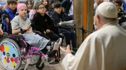 Pope Francis meets with a group of 200 children studying catechism and in a relaxed manner answered some of their questions on April 11, 2024, at St. John Mary Vianney Parish in Borghesiana, Italy. / Credit: Vatican Media