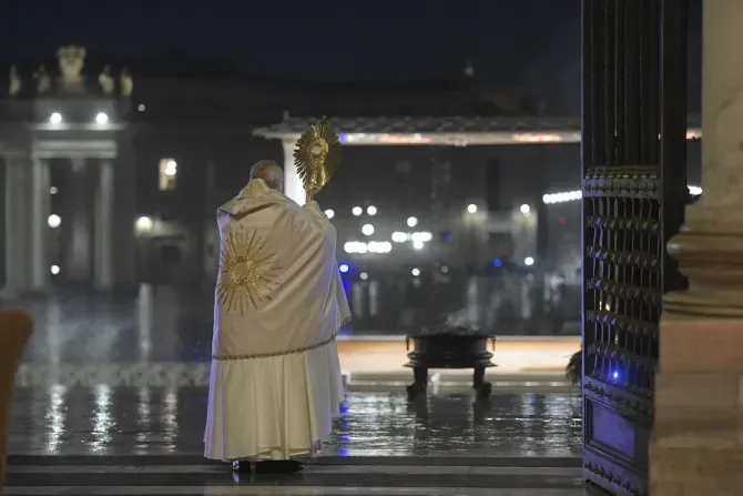 Pope Francis gives an extraordinary Urbi et Orbi blessing from the loggia of St. Peter's Basilica March 27, 2020. | Vatican Media.