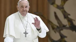Pope Francis waves to pilgrims gather in Paul VI Audience Hall for his Wednesday general audience on March 27, 2024. / Credit: Vatican Media