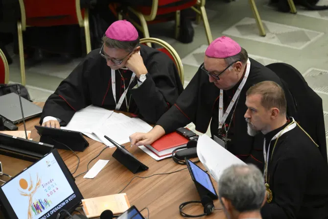 Delegates vote to approve a synthesis report at the conclusion of the Synod on Synodality on Oct. 28, 2023. | Credit: Vatican Media