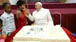 Pope Francis celebrates his birthday on Dec. 17, 2023, with children and families who are assisted by the Vatican’s Santa Marta Pediatric Dispensary. | Credit: Vatican Media