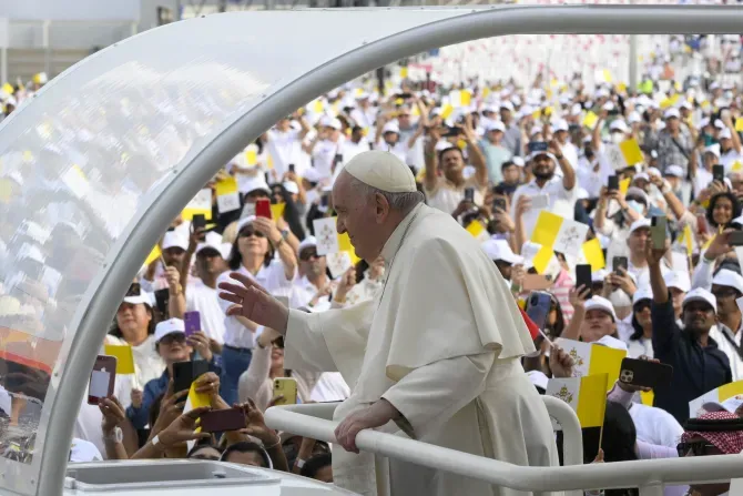Pope Francis greets the crowd in Bahrain's national soccer stadium before offering Mass on Nov. 6, 2022. | Vatican Media