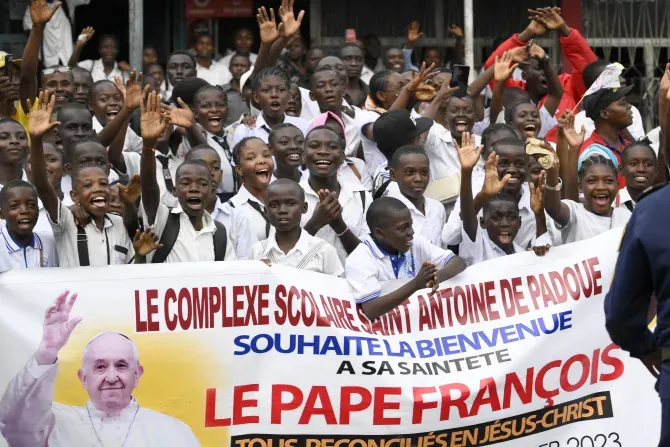 Pope Francis arrived in the Democratic Republic of Congo on Jan. 31, 2023. The streets of the pope’s five-mile drive from the N’Dolo Airport to the presidential residence were lined with thousands of locals who cheered and waved flags. | Credit: Vatican Media