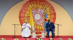 Pope Francis speaks at an audience with the Democratic Republic of Congo's authorities, diplomats, and representatives of civil society in the on Jan. 31, 2023, on the first leg of a six-day trip that will also include South Sudan. At right is President Felix Tshisekedi of the Democratic Republic of Congo. Credit: Vatican Media