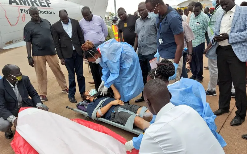 The Bishop-elect of South Sudan's Rumbek Diocese, Msgr. Christian Carlassare airlifted to Kenya’s capital, Nairobi, through the services of the African Medical and Research Foundation (AMREF) for specialized treatment. Credit: Courtesy Photo