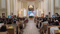 Young Catholics participating in the 10th edition of the Russian Youth Gathering in St. Petersburg, Russia, watch a livestream of Pope Francis at the Basilica of St. Catherine of Alexandria on Aug. 25, 2023. | Credit: Basilica of St. Catherine of Alexandria
