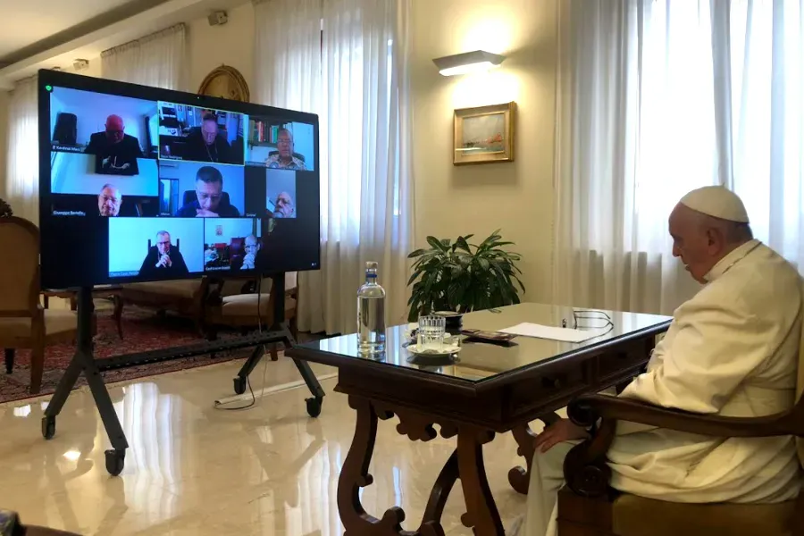 Pope Francis takes part in an online meeting of the Council of Cardinals at the Vatican, Sept. 21, 2021. Vatican Media.