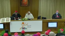 Pope Francis takes part in a moment of reflection for the opening of the synodal path at the Vatican’s New Synod Hall, Oct. 9, 2021. Screenshot from Vatican News YouTube channel.