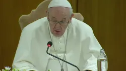 Pope Francis takes part in a moment of reflection for the opening of the synodal path at the Vatican’s New Synod Hall, Oct. 9, 2021. Screenshot from Vatican News YouTube channel.