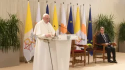 Pope Francis addresses the authorities, civil society, and diplomatic corps at the Presidential Palace in Nicosia, Cyprus, Dec. 2, 2021. Vatican Media.