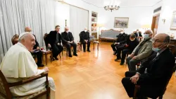 Pope Francis speaks to Jesuits at the apostolic nunciature in Athens, Greece, Dec. 4, 2021. Vatican Media.