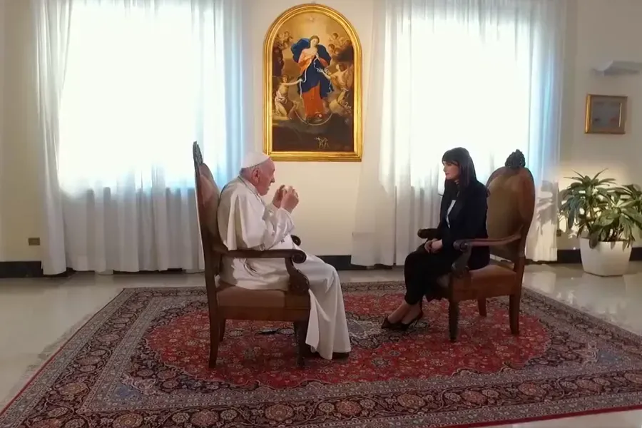 Pope Francis is interviewed by Lorena Bianchetti at the Vatican. Screenshot from A Sua Immagine.