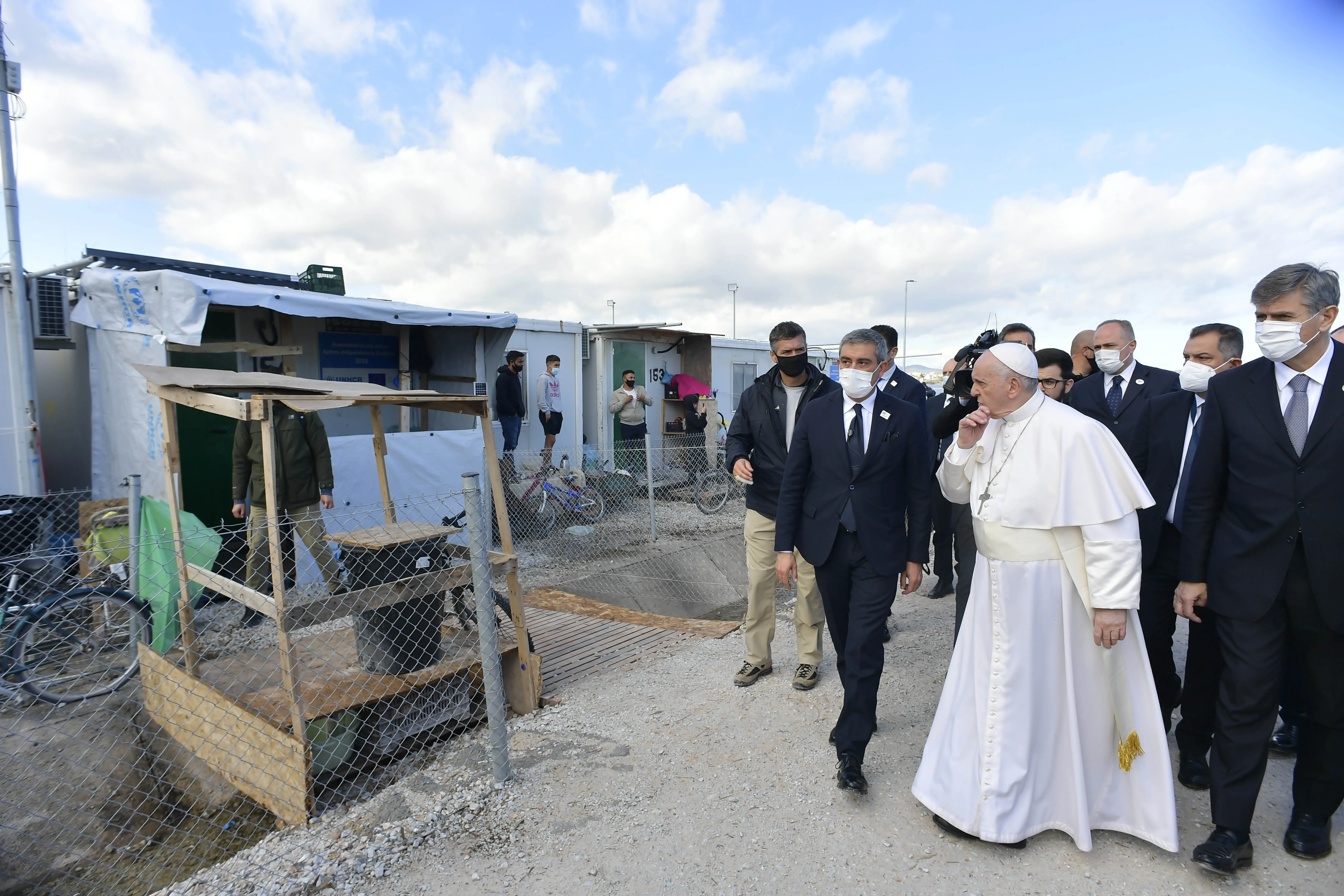Pope Francis visits the Mavrovouni refugee camp on the Greek island of Lesbos on Dec. 5, 2021. Vatican Media