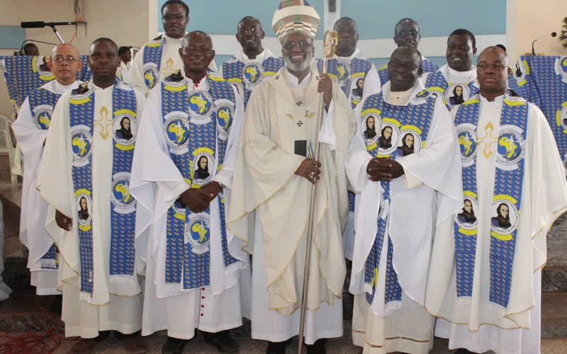 Archbishop Charles Palmer-Buckle, Archbishop of Cape Coast, then Archbishop of Accra with Ghanaian Priests of the Society of Africa Missions (SMA) at the Queen of Peace Parish during the Feast Day celebrations of the SMA in 2017. / SMA Ghana