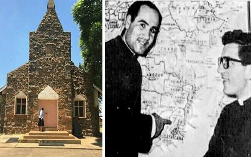 (Left) The original church of the Most Holy Redeemer, built in 1921. (Right) Stigmatine Fathers Michael D’Annucci (left) and Charles Mittempergher, who served the mission in Mmakau for many years after their ordinations. Fr D’Annucci was murdered in a hijacking in Pretoria in December 2001 (he was declared a martyr in 2002); Fr Mittempergher died in Italy in December 2017. / The Southern Cross.