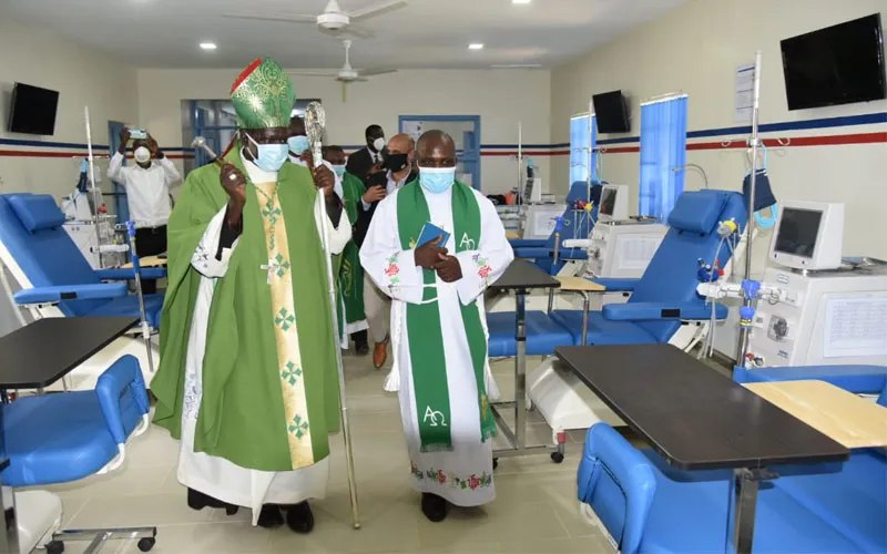 Bishop Joseph Obanyi of Kenya's Kakamega Diocese accompanied by Fr. Columban Odhiambo during the blessing of the new 19-bed capacity Renal Unit at St. Mary's Mumias Hospital. The initiative was realized in partnership with Africa Healthcare Network. Credit: St. Mary's Mumias Hospital/Kakamega Diocese