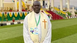Fr. Emmanuel Lodongo Sebit, the Chancellor of the Catholic Diocese of Yei, South Sudan, during the Papal Mass at Dr. John Garang Mausoleum on 5 February 2023. Credit: ACI Africa