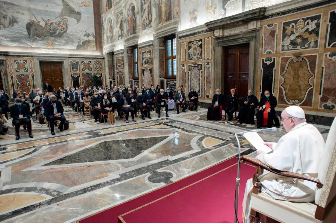 Pope Francis addresses participants in the plenary assembly of the Pontifical Academy for Life in the Vatican’s Clementine Hall, Sept. 27, 2021. Vatican Media.