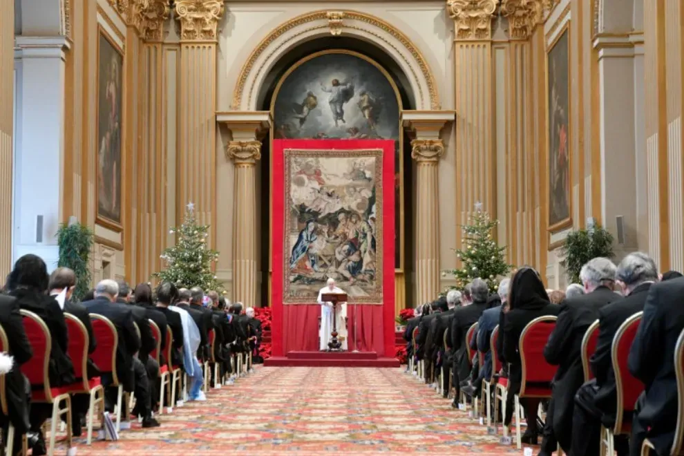 Pope Francis meets with diplomats accredited to the Holy See at the Vatican’s Hall of Blessings, Jan. 10, 2022. Vatican Media.