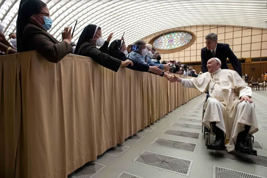 Pope Francis meets participants in the plenary assembly of the International Union of Superiors General on May 5, 2022. Vatican Media.