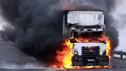 A truck that was torched during a protest over the employment of foreign truck drivers in South Africa.