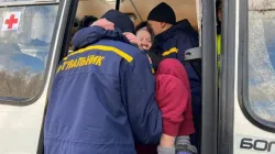 Civilians are evacuated from Irpin, a city next to the Ukrainian capital Kyiv. State Emergency Service.