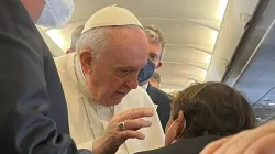 Pope Francis speaks to journalists aboard the papal flight to Malta on April 2, 2022. Courtney Mares/CNA