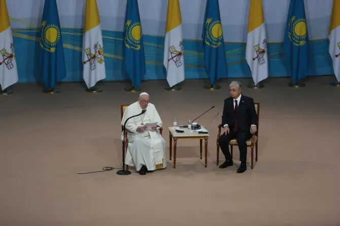 Pope Francis speaking in Nur-Sultan hall in Kazakhstan , Sept 13. 2022. | Vatican Media