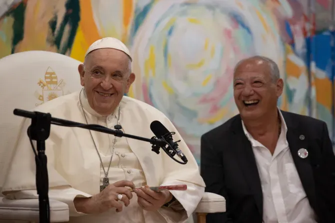 Pope Francis and José María Del Corral, president of the Scholas Occurrentes youth movement, smile during a meeting with the group's volunteers in Cascais, Portugal, on Aug. 3, 2023. | Daniel Ibáñez/CNA