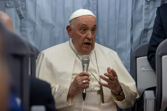 Pope Francis speaks during a press conference aboard the papal plane from Marseille to Rome on Sept. 23, 2023, at the conclusion of a two-day visit to the southern French port city to take part in the Mediterranean Encounter, a meeting of young people and bishops. | Daniel Ibanez/CNA
