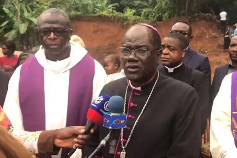 Archbishop Jean Mbarga of Yaoundé Archdiocese in Cameroon addressing journalists after a visit  to the scene of the landslide at the Mbankolo neighborhood. Credit: Yaounde Archdiocese