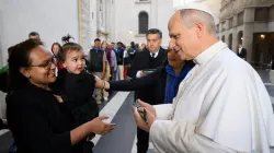 Nadia Howlader is given a key to a new apartment by Pope Leo XIV on Nov. 16 on the ninth World Day of the Poor. / Credit: Vatican Media