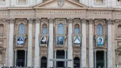 Banners of those to be canonized Oct. 13 at St. Peter's Square. Credit: Daniel Ibanez/CNA.