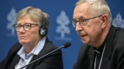 Catherine Clifford, a professor at St. Paul University in Ottawa, and Archbishop Stanisław Gadecki of Poland at the Synod on Synodality's Oct. 26, 2023, press briefing. | Credit: Daniel Ibáñez/EWTN News