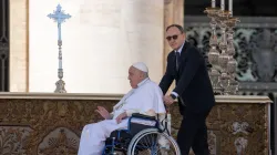 Pope Francis blesses the faithful at the Jubilee of the Sick in St. Peter's Square, Vatican City, on April 6, 2025, as his personal nurse, Massimo Strappetti, assists him in the wheelchair. / Credit: Daniel Ibáñez/CNA