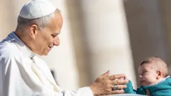 Pope Leo XIV greets a baby at his general audience in St. Peter's Square at the Vatican, Wednesday, Oct. 8, 2025. / Credit: Daniel Ibáñez/CNA