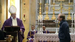 Pope Francis acknowledges Fr. Gonzalo Aemilius, his new personal secretary, during a homily at a Mass in Sant'Anna dei Palafrenieri, Vatican City, March 17, 2013. Credit: Vatican Media.
