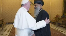 Pope Francis greets Ethiopian Orthodox Patriarch Abune Mathias Feb. 29, 2016. Credit: Vatican Media.