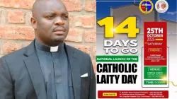 Fr. Ephraim Peter Madeya and a poster announcing the Launch of the National Laity Day in Malawi. Credit: MCCB