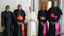 The SECAM delegation, (left to right) Cardinal Fridolin Ambongo, Bishop Stephen Dami Mamza, Archbishop José Manuel Imbamba, and Father Rafael Simbine, meets with Pope Leo XIV on Jan. 17, 2026, at the Vatican. | Credit: Vatican Media