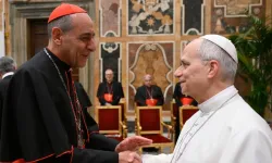 Pope Leo XIV greets Cardinal Víctor Manuel Fernández, prefect of the Dicastery for the Doctrine of the Faith, during an audience with the DDF's plenary meeting participants on Jan. 29, 2026. | Credit: Vatican Media